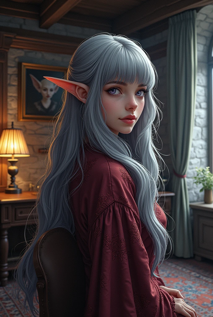 (Ultra-detailed face, looking away, Fantasy Illustration with Gothic, Ukiyo-e, Comic Art, Rich colors), BREAK (This is the study of a medieval Scandinavian-style mansion made of stone and wood. It has moody lighting and a modern wooden desk and table.), BREAK (DarkElves: A young-aged dark elf woman with silver color hair, blunt bangs, very long disheveled hair and dark purple color skin, lavender color eyes), BREAK (A female dark elf wears a reddish-bronze lace robe with reliefs and soft slippers.), BREAK (A dark elf woman happily wipes her back in the study.)