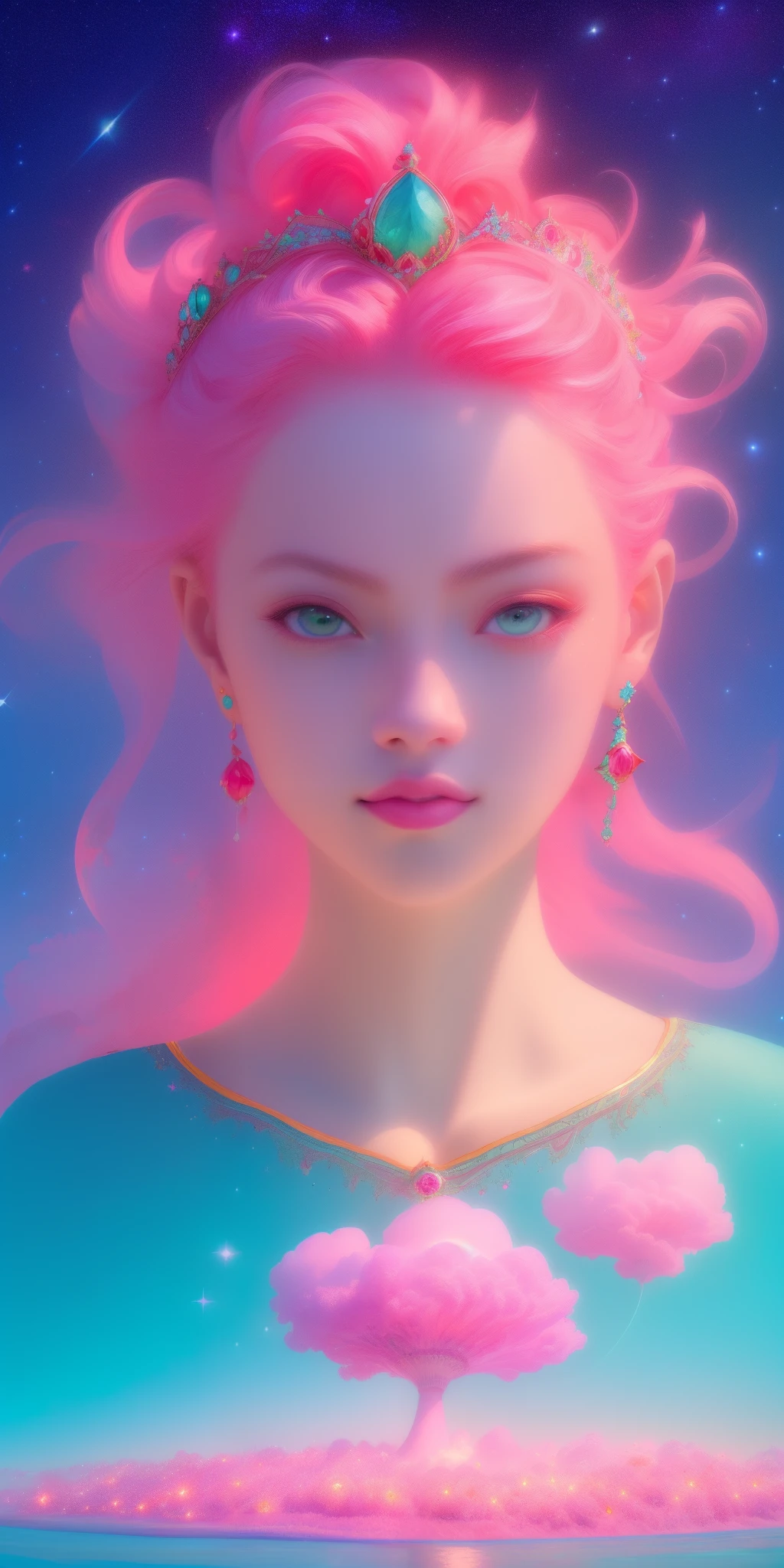 (best quality, ultra-detailed, photorealistic: 1.39), bright and vibrant colors, studio lighting, Red moon, sky shooting stars, soft azure clouds, sparkling, sparkling neon green ocean waves, pink roses in the pink ocean, fantasy, diamond, crown, universe, soft lights,