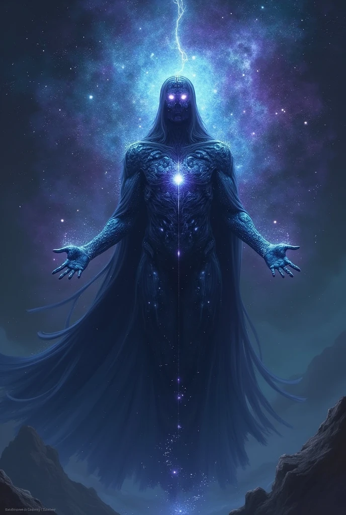 **name:** Deus das Dorus
**classy:** cosmic entity
**Level:** ???
**Description:**
A cosmic presence almost incomprehensible to mortal minds. O Deus das Dorus é uma entidade que transcende forma e matéria, his appearance fluctuating between different states of existence. Its body appears to be made of stellar gases and cosmic dust., constantly rearranging themselves into patterns reminiscent of nebulae and constellations. Its colors vary between deep blue, purple and shades of black, reflecting the vastness of the universe.
**Visual Characteristics:**
- **eyeballs:** Two bright spots reminiscent of ancient stars, with a depth that seems to contain the universe itself.
- **cos:** fluid and ethereal, formed by nebulae that move in a constant and hypnotic pattern, without a defined fixed form.
- **Aura:** Orbited by cosmic fragments, like asteroids and stardust, that follow gravitational patterns around them.
- **hands:** Made of pure cosmic energy, your hands can manipulate reality around you, distorting gravity and space.
**History and legend:**
Pouco se sabe sobre a origem do Deus das Dorus, but its existence is mentioned in ancient texts as a primordial force, present since the beginning of time. They say he is the guardian of cosmic balance, emerging in moments of great imbalance to restore order to the universe. A presença do Deus das Dorus é tanto um sinal de esperança quanto de destruição, depending on whoever's perspective
