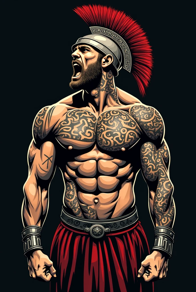 Make a logo of a Spartan who has tattoos on his neck and chest and who has. War cry the WAA