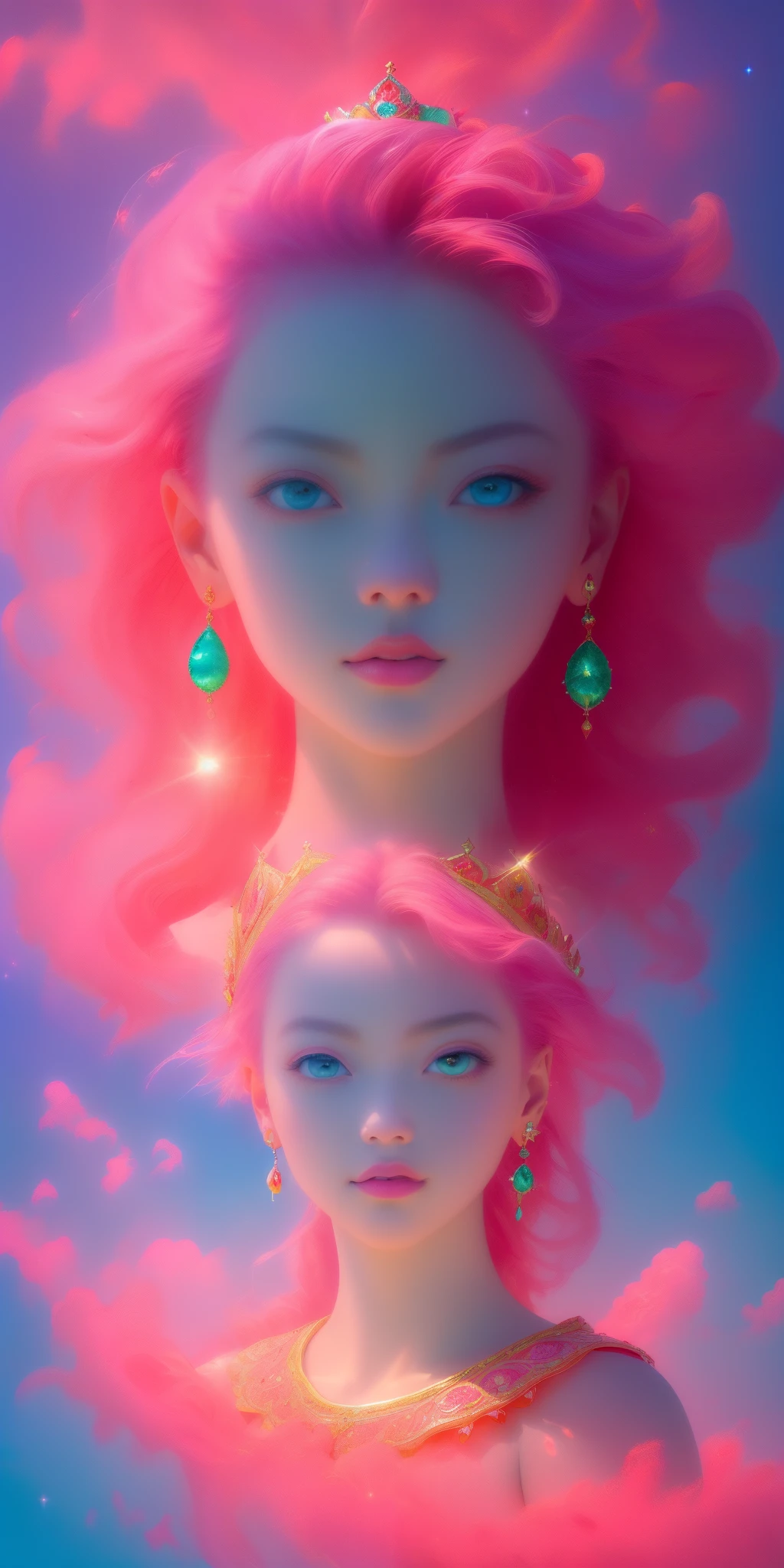 (best quality, ultra-detailed, photorealistic: 1.39), bright and vibrant colors, studio lighting, Red moon, sky shooting stars, soft azure clouds, sparkling, sparkling neon green ocean waves, pink roses in the pink ocean, fantasy, diamond, crown, universe, soft lights,