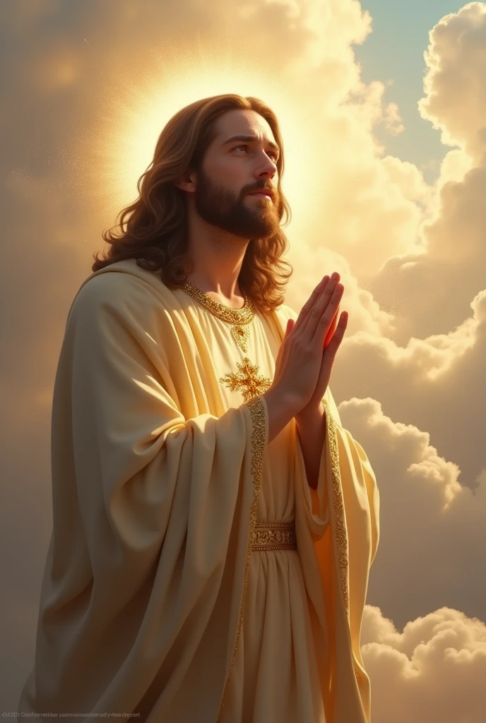 (photorealism:1.2), handsome Jesus Christ, crying while praying in the clouds, wearing yellow king clothes with  light in his head and heart spreading all over in the clouds, perfect Jesus Christ, real Jesus Christ, perfect five hands, perfect crying face, elegant, soft lighting, many clouds, stand straight, realistic, intricate details, warm colors, by Earl Cornelio Necor