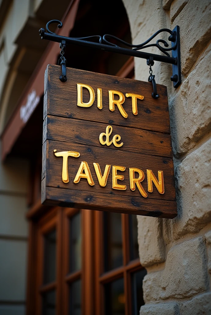 Wooden sign on the facade of a tavern written in gold letters, animax
