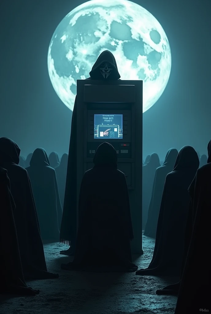 Masked man on atm in night moon is full and everyone is kneeling at him like he is boss