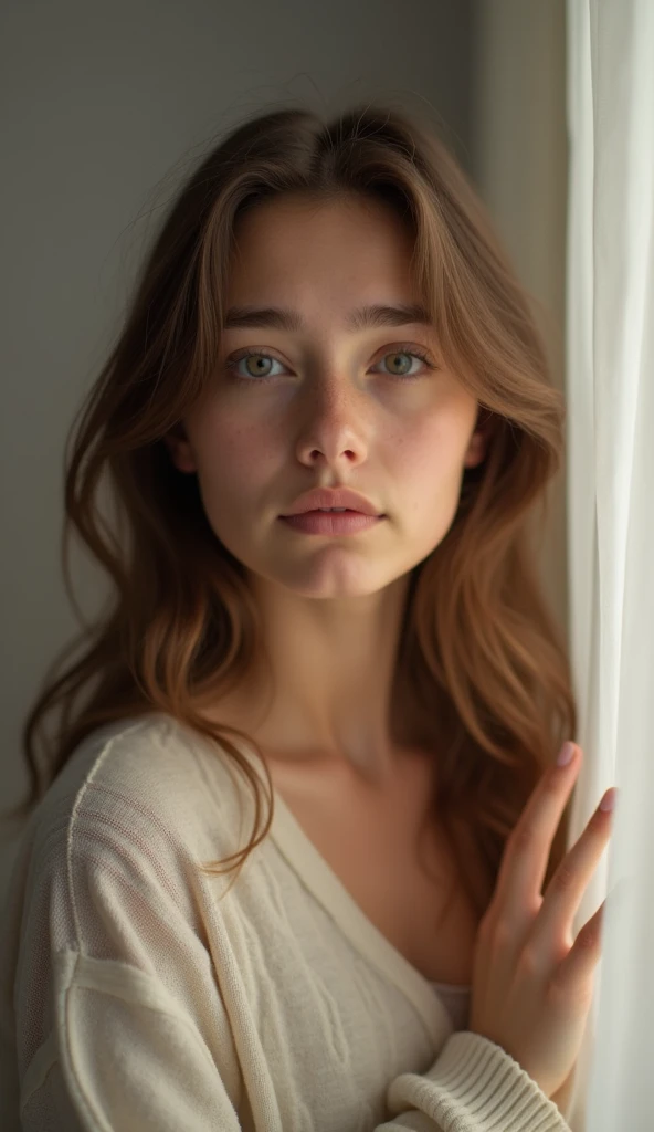 Beautiful 20 years old Christian Influencer Girl, Looking in front, in a warm white soft studio, with a hopeless sad face, longing for Jesus, High quality, photorealistic,