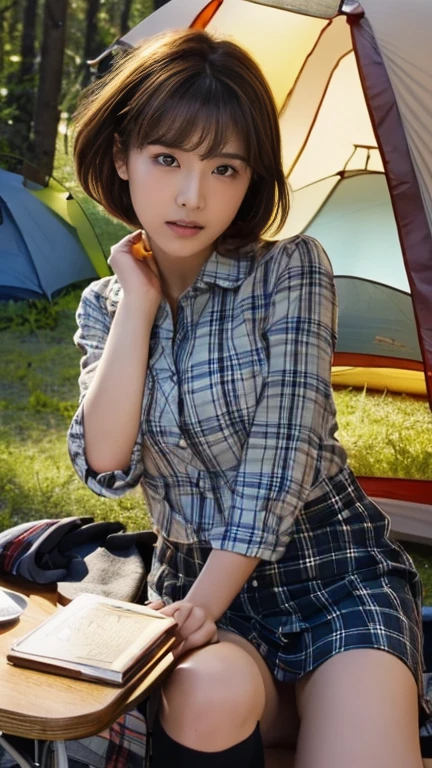 High-resolution images, Highest quality, (Round face), Pause, Realistic eye size, Droopy eyes, Check shirt, (Slap your crotch on the corner of the table、Masturbate), Big Sky, Mountain々, in the forest, sunlight, Very short hair, (Many camping equipment),