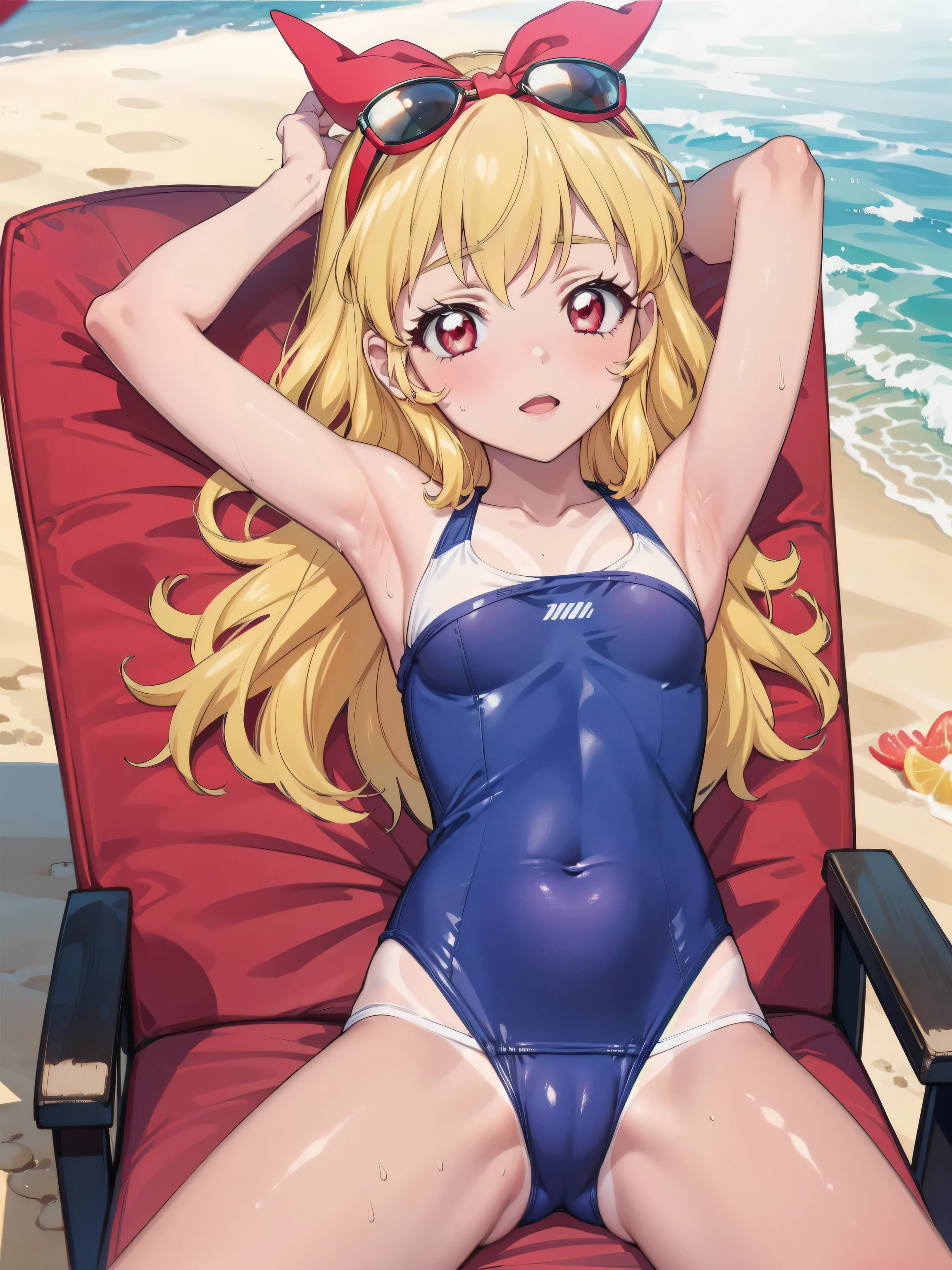 a GIRL in a white tank top on a beach chair with sunglasses on, 1girl, swimsuit, bikini, tan, tanlines, solo, blush, micro bikini, , navel, lying, on back, one-piece tan, arm up, blonde hair, armpits, spread legs, sweat, red eyes, looking at viewer, closed mouth,Ichigo Hoshimiya (Aikatsu!),sitting, squating, looking down, look at the viewer, from below