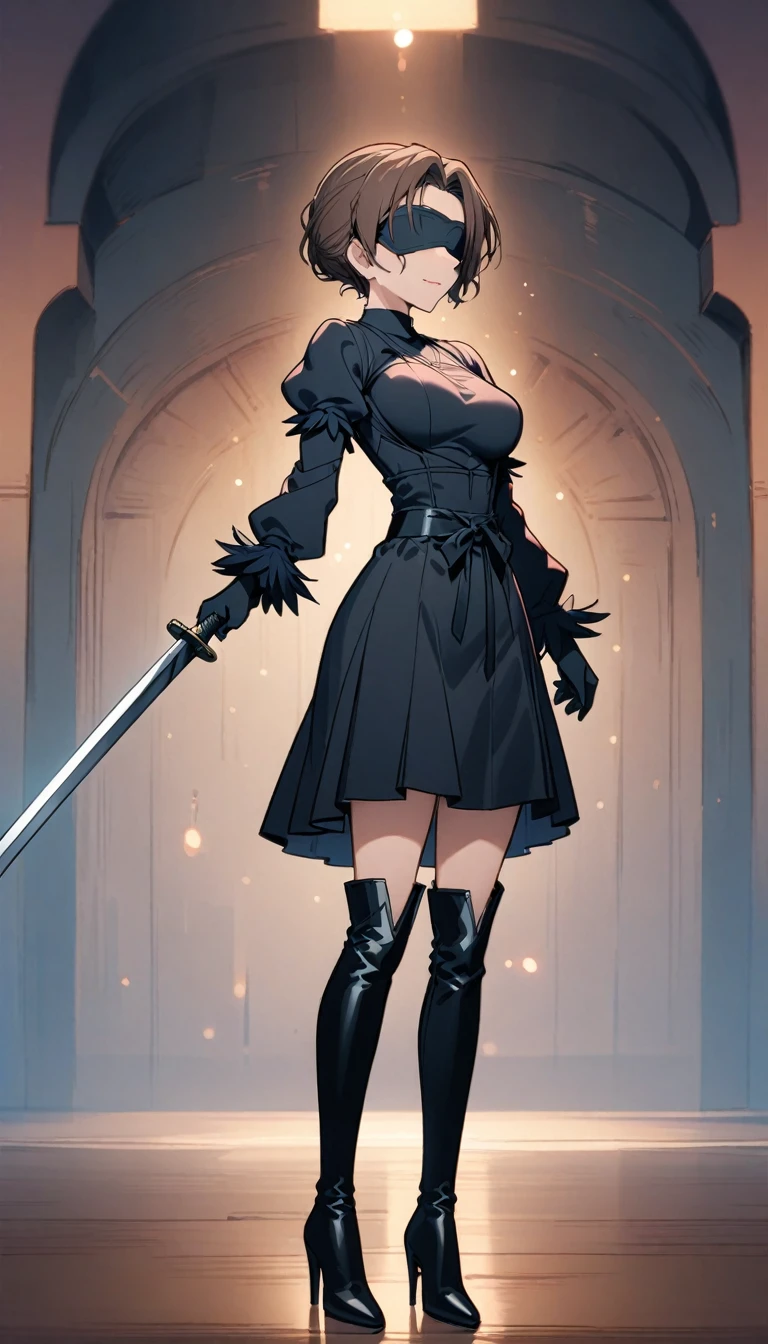 Brown-haired beauty,wearing glasses,((masterpiece)),(((best quality))),2b, 1 Girl, Solitary, short hair, High Leg Raise, Gloves, Long sleeve, skirt, Keep, cleveage, Medium breasts, permanent, whole body, arms, Headband, boots, Puff sleeves, sword, black High Leg Raise, Black footwear, Keep arms, mole, black skirt, High heel, Tights, Garment cutting, thigh boots, Keep sword, cleveage cutout, Samurai sword, black Headband, Juliet Sleeves, For the audience, high heel boots, black blindfold, Feather trim sleeves