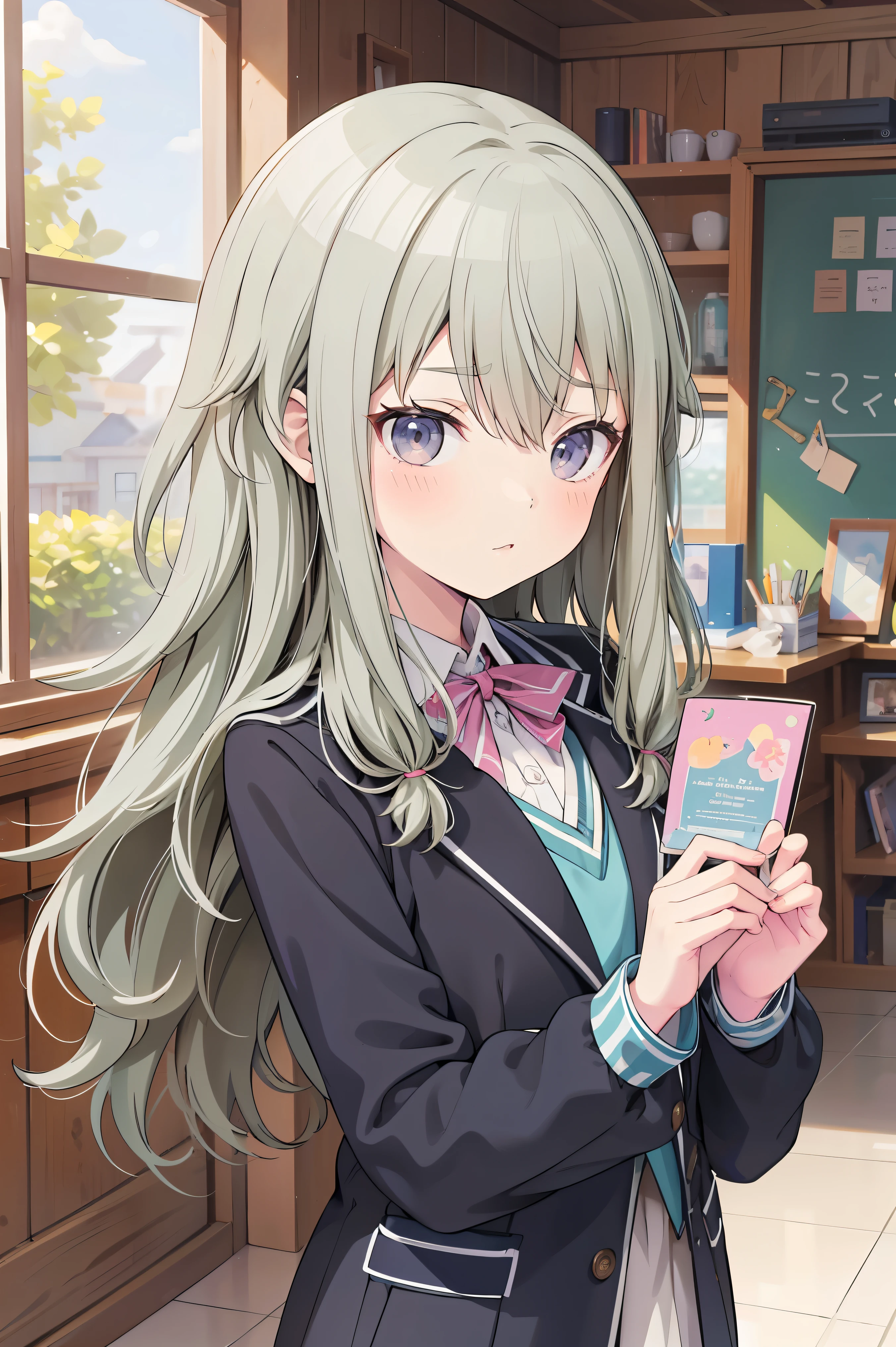 (8k, 最high quality)、Ultra-high resolution、adorable、最high quality, beautiful, (((Absurd beauty)))、masterpiece、Best image quality、(Front facing)、good feeling、smile,Face the camera、Delicate eyes、smile、Small face、girl、1 person、masterpiece, Most detailed、school uniform、blazer、high quality、wave hands、Shiny Hair、Very fine and beautiful bright eyes、Medium chest、nose blush、Very detailed, clear and beautiful face, Awards, (Anatomically correct)