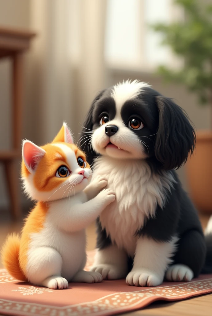 A large black and white shitzu dog and a white and orange cat