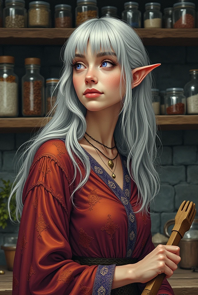 (Ultra-detailed face, looking away, Fantasy Illustration with Gothic, Ukiyo-e, Comic Art, Rich colors), BREAK (This is the kitchen of a medieval Scandinavian-style mansion made of stone and wood. The shelves are lined with jars of herbs and spices.), BREAK (DarkElves: A young-aged dark elf woman with silver color hair, blunt bangs, very long disheveled hair and dark purple color skin, lavender color eyes), BREAK (A female dark elf wears a reddish-bronze lace robe with reliefs and soft slippers.), BREAK (A dark elf woman is happily making a fruit salad bowl with herbs in the kitchen. In her hand she holds a large wooden fork.)