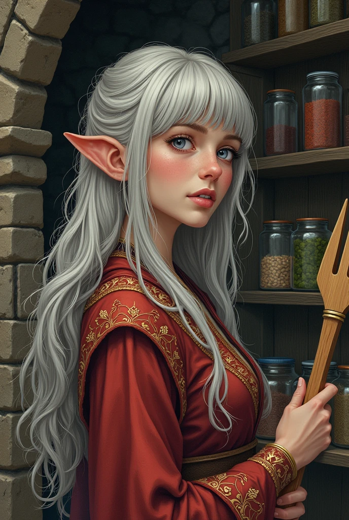 (Ultra-detailed face, looking away, Fantasy Illustration with Gothic, Ukiyo-e, Comic Art, Rich colors), BREAK (This is the kitchen of a medieval Scandinavian-style mansion made of stone and wood. The shelves are lined with jars of herbs and spices.), BREAK (DarkElves: A young-aged dark elf woman with silver color hair, blunt bangs, very long disheveled hair and dark purple color skin, lavender color eyes), BREAK (A female dark elf wears a reddish-bronze lace robe with reliefs and soft slippers.), BREAK (A dark elf woman is happily making a fruit salad bowl with herbs in the kitchen. In her hand she holds a large wooden fork.)