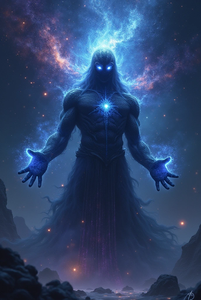 A cosmic presence almost incomprehensible to mortal minds. The God of Padorus is an entity that transcends form and matter, his appearance fluctuating between different states of existence. Its body appears to be made of stellar gases and cosmic dust., constantly rearranging themselves into patterns reminiscent of nebulae and constellations. Its colors vary between deep blue, purple and shades of black, reflecting the vastness of the universe.
**Visual Characteristics:**
- **eyeballs:** Two bright spots reminiscent of ancient stars, with a depth that seems to contain the universe itself.
- **cos:** fluid and ethereal, formed by nebulae that move in a constant and hypnotic pattern, without a defined fixed form.
- **Aura:** Orbited by cosmic fragments, like asteroids and stardust, that follow gravitational patterns around them.
- **hands:** Made of pure cosmic energy, your hands can manipulate reality around you, distorting gravity and space.
**History and legend:**
Little is known about the origin of the God of Padorus, but its existence is mentioned in ancient texts as a primordial force, present since the beginning of time. They say he is the guardian of cosmic balance, emerging in moments of great imbalance to restore order to the universe. The presence of the God of Padorus is both a sign of hope and destruction., depending on whoever's perspective