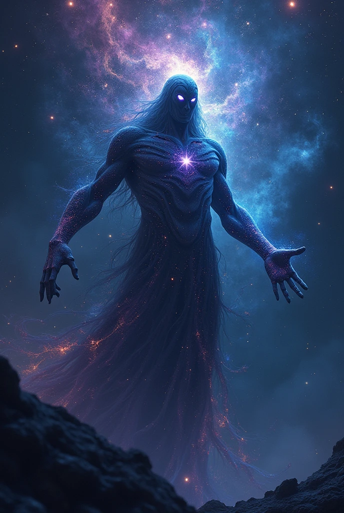 A cosmic presence almost incomprehensible to mortal minds. The God of Padorus is an entity that transcends form and matter, his appearance fluctuating between different states of existence. Its body appears to be made of stellar gases and cosmic dust., constantly rearranging themselves into patterns reminiscent of nebulae and constellations. Its colors vary between deep blue, purple and shades of black, reflecting the vastness of the universe.
**Visual Characteristics:**
- **eyeballs:** Two bright spots reminiscent of ancient stars, with a depth that seems to contain the universe itself.
- **cos:** fluid and ethereal, formed by nebulae that move in a constant and hypnotic pattern, without a defined fixed form.
- **Aura:** Orbited by cosmic fragments, like asteroids and stardust, that follow gravitational patterns around them.
- **hands:** Made of pure cosmic energy, your hands can manipulate reality around you, distorting gravity and space.
**History and legend:**
Little is known about the origin of the God of Padorus, but its existence is mentioned in ancient texts as a primordial force, present since the beginning of time. They say he is the guardian of cosmic balance, emerging in moments of great imbalance to restore order to the universe. The presence of the God of Padorus is both a sign of hope and destruction., depending on whoever's perspective