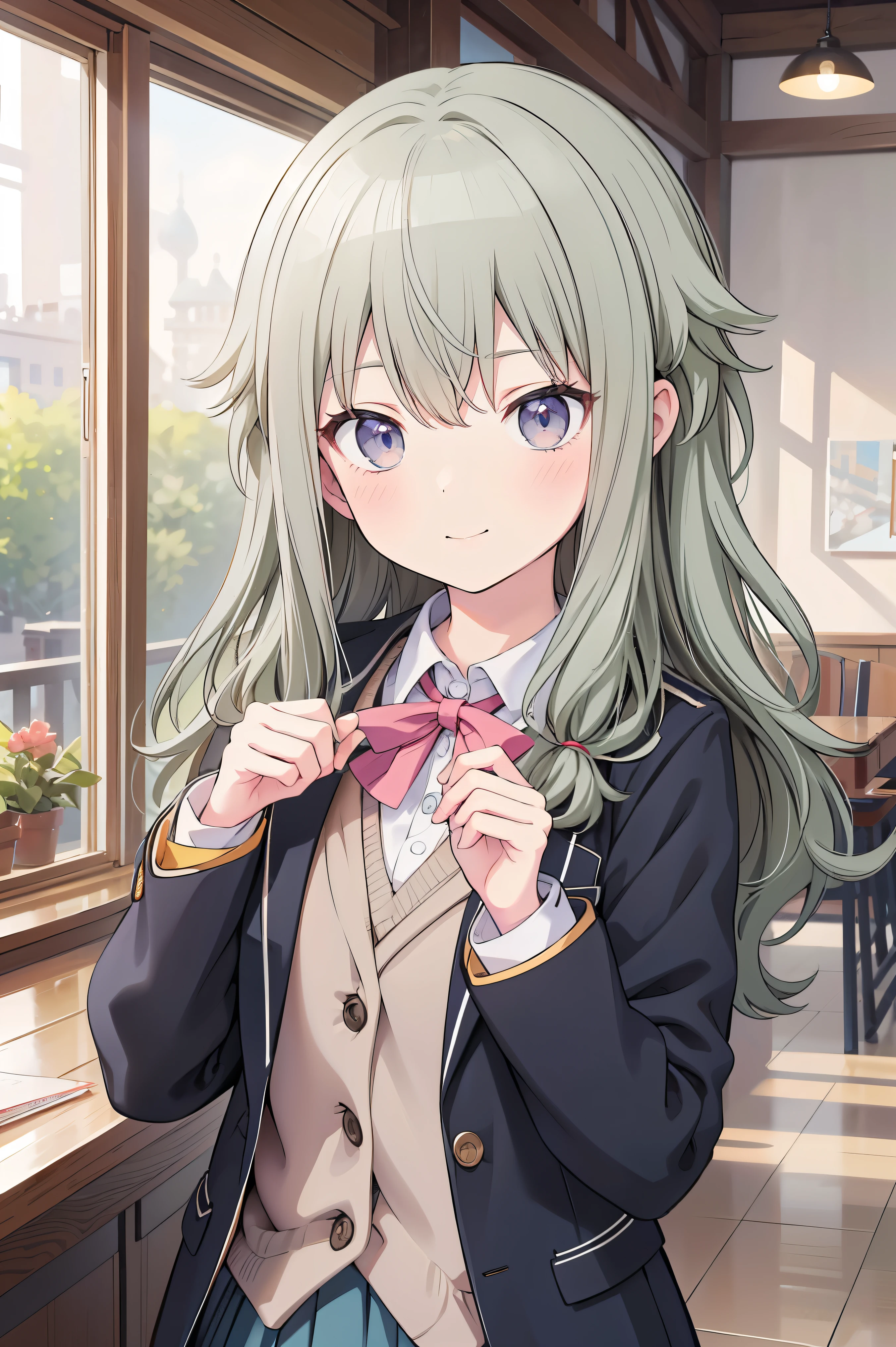 (8k, 最high quality)、Ultra-high resolution、adorable、最high quality, beautiful, (((Absurd beauty)))、masterpiece、Best image quality、(Front facing)、good feeling、smile,Face the camera、Delicate eyes、smile、Small face、girl、1 person、masterpiece, Most detailed、school uniform、blazer、high quality、wave hands、Shiny Hair、Very fine and beautiful bright eyes、Medium chest、nose blush、Very detailed, clear and beautiful face, Awards, (Anatomically correct)