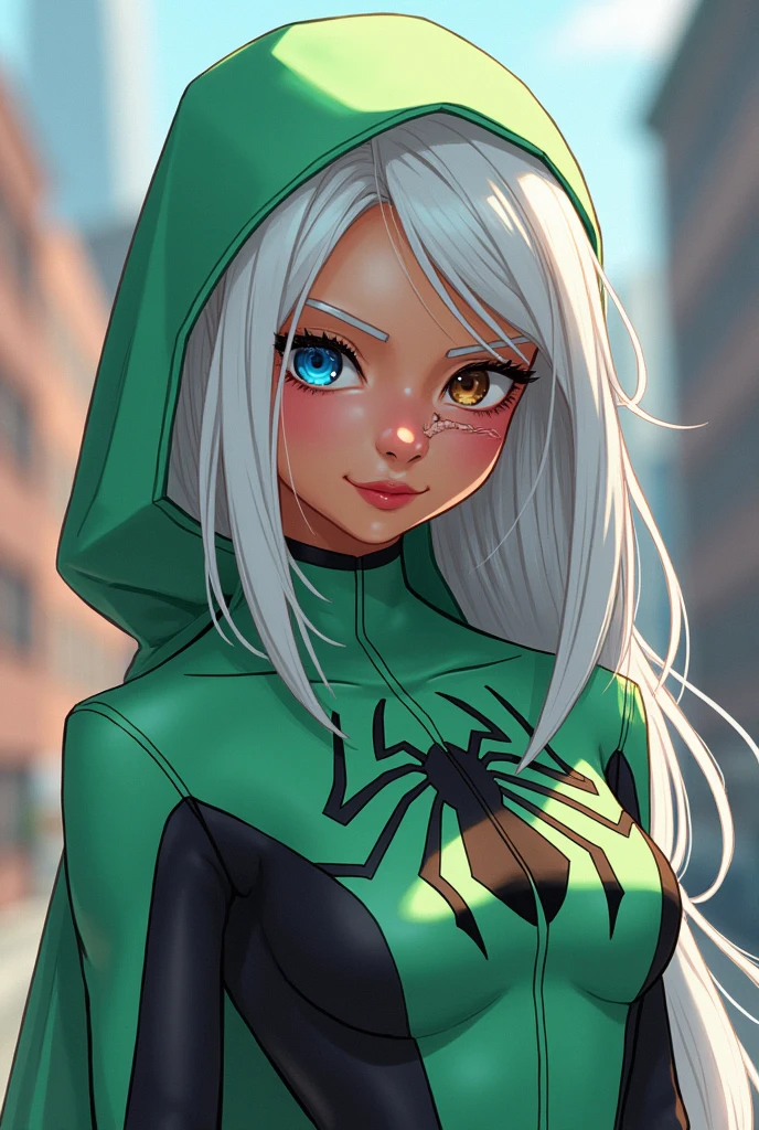 drawn in a spiderverse artstyle, a woman, 20 years old, southeast asian, knee length platinum white thin straight hair (black on the roots), wears light green colored spiderman suit as a top (the suit has a hood), her left eye is, and her right eye is brown, has a big scar across her left eye, tan skin, white eyebrows and white eyelashes, in a stoic expression, holding her spiderman mask