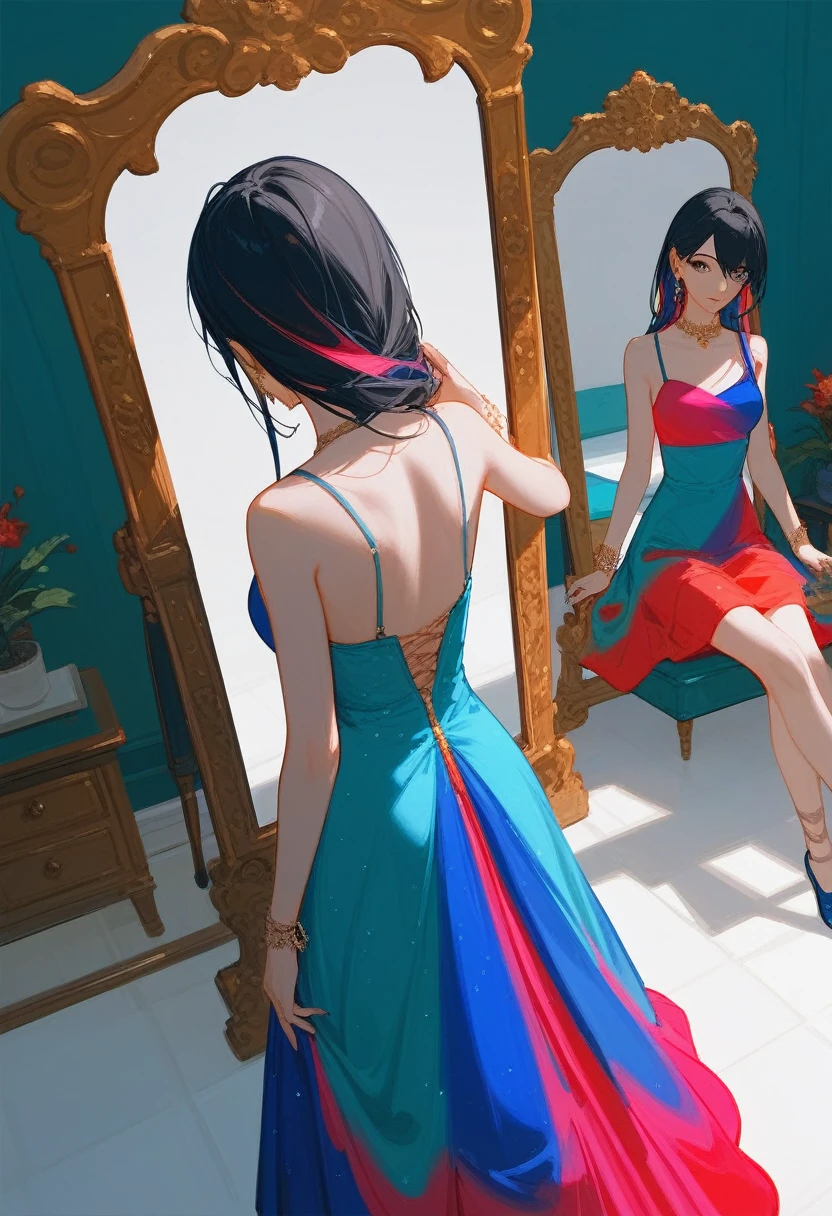 (Fraction_9,Fraction_8_Direction_7_High above),1 a woman,(((Bustness))),A woman in an evening dress、Woman holding a mirror, inspired by Huang Ji,inspired by Zhou Wenjing, Render 8K Character Art,colorful clothes,vidro quebrado,