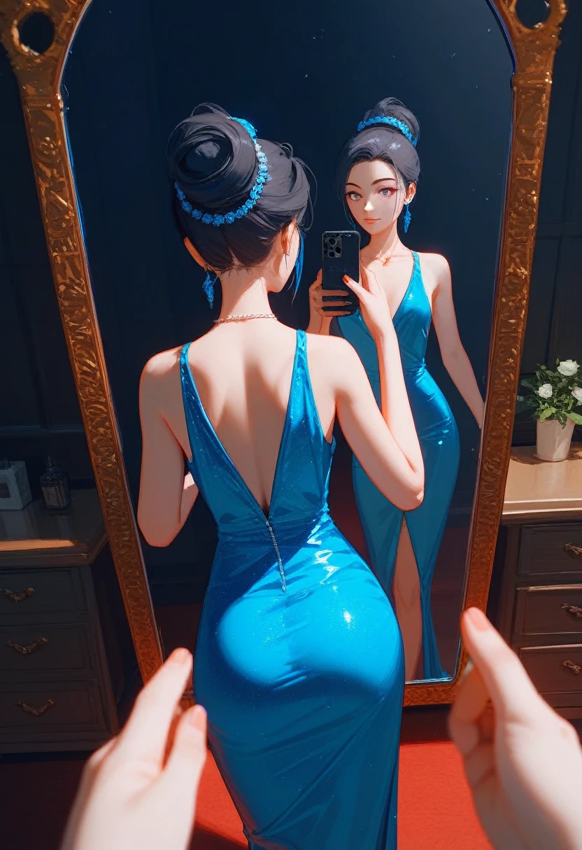 (Fraction_9,Fraction_8_Direction_7_High above),1 a woman,（（（Bustness）））,A woman in an evening dress、Woman holding a mirror， inspired by Huang Ji,inspired by Zhou Wenjing, Render 8K Character Art，colorful clothes，vidro quebrado，