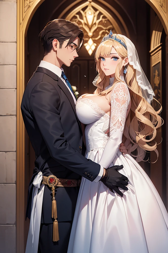 Couple of man and woman getting married. Personal:
Women, redhead, slanted eyes Korean beauty, mixed biracial, round face, wavy hair with bangs, green eyes, natural makeup, with dwarf, big tits, sexy buxom, medieval maiden, medieval fantasy, white dress with blue embroidery and in the center of the dress Coat of Arms a New Moon, Crescent Moon, Full Moon and Waning Moon. White gloves, with a wedding tiara, land of rivers, kingdom, Maiden getting married, with Lord Halmon Paege, a 20 year old brown camel man with blonde highlights, tall, muscular, corpulent with white European skin, blue eyes, family crest Two twin snakes of silver and gules on a sable field, the shield is black, red and white, protective knight about to get married, marriage on the outside.
