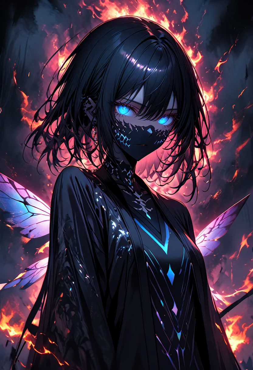 A dark black jinx big sexy V-neck glowing that flutters between bright blue flames and iridescent vagalumes under a terrifying dark and fiery sky. [Image of a glowing fairy between black fog and iridescent lights]