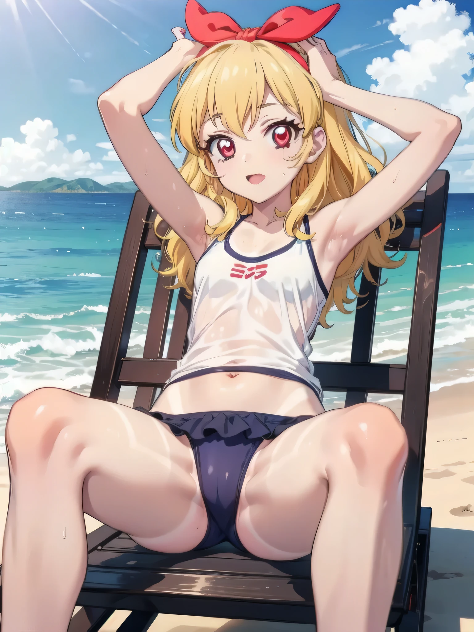 a GIRL in a white tank top on a beach chair with sunglasses on, 1girl, swimsuit, bikini, tan, tanlines, solo, blush, micro bikini, , navel, lying, on back, one-piece tan, arm up, blonde hair, armpits, spread legs, sweat, red eyes, looking at viewer, closed mouth,Ichigo Hoshimiya (Aikatsu!),sitting, squating, looking down, look at the viewer, from below