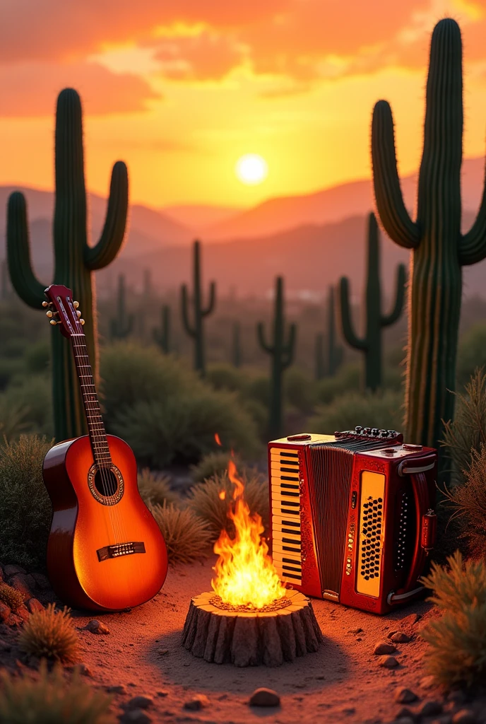 An image of northeastern Brazil with cacti, with orange and brown tones, with accordion, zabumba, bonfire without people