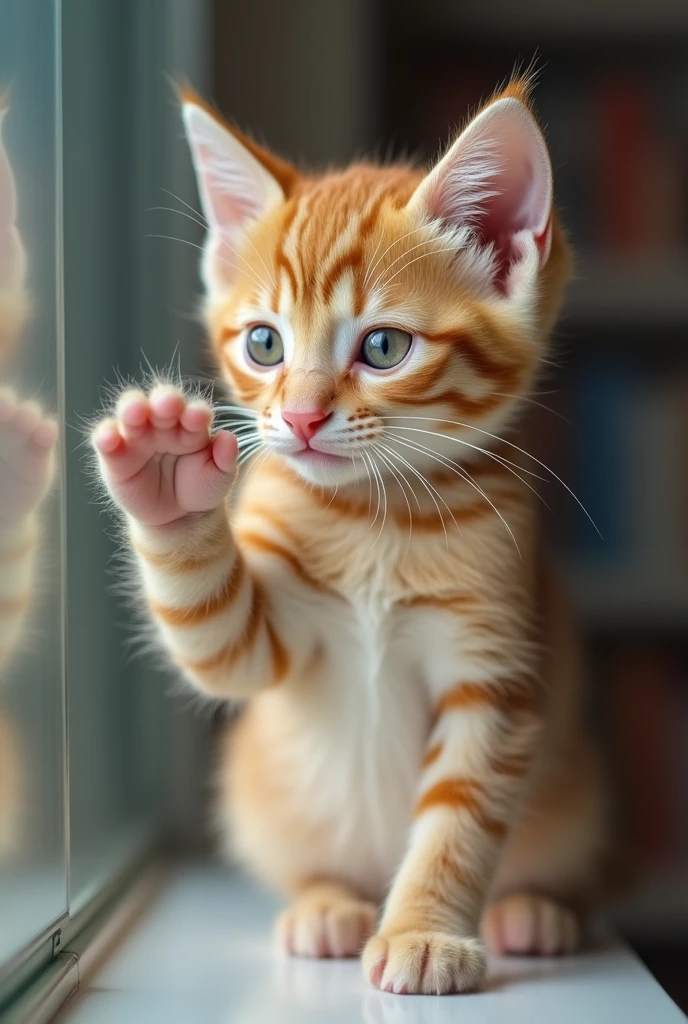 orange kitten, behind a glass that he touches with his little paws
