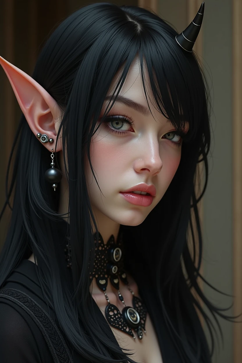 (photorealism:1.2), half elf man with androgynous features, Medium length black hair and black piercings in her elf ears and a slight horn on the right side of her head.
