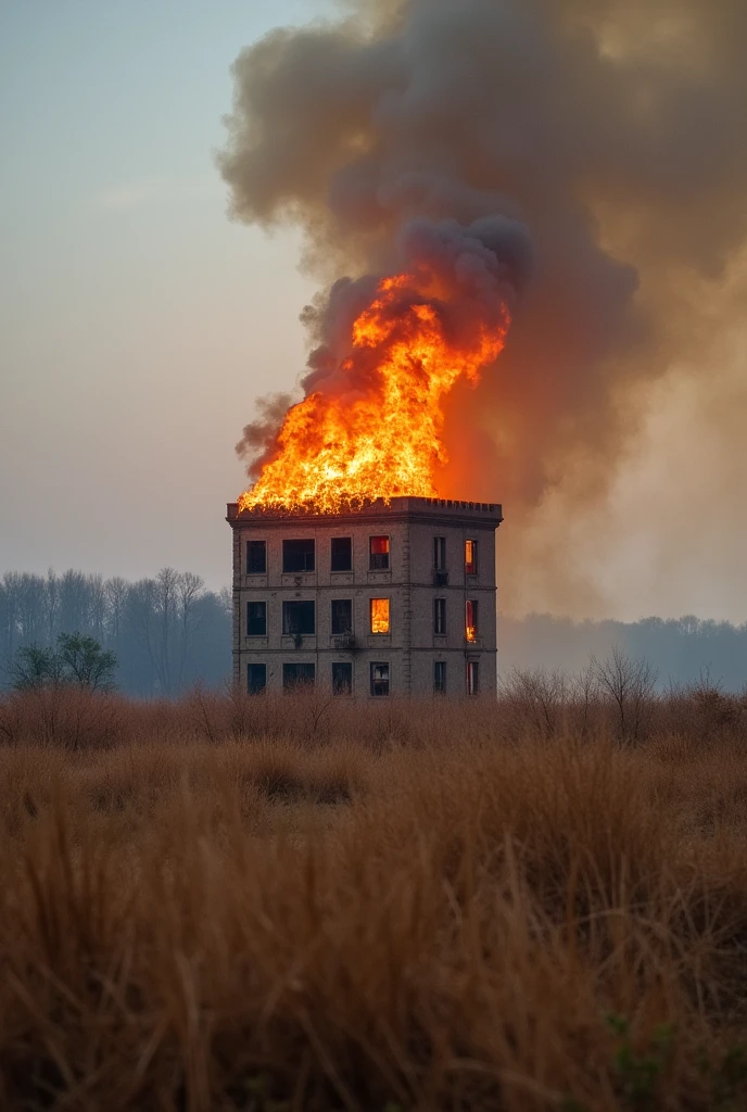 a building burning in a brown grass