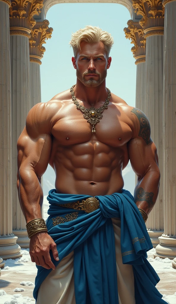 (man:1.5),1 man,male, muscle, 1 chico, muscle, pectoral, muscular, Mature man, 35 years,1 man,macho man,perfect body,an extremely delicate and beautiful detailed face,((by rubio,cute hairstyle,short by rubio)),(((blonde very short beard, blonde very short beard))), (((blue_eyes:1.3))),Intricate eyes,beautiful detailed eyes,symmetrical eyes,perfect face, cute hairstyle,perfect proportions, thick, ((detailed face)),macho man, (male Caucasian Prince),Prince, (((shiny skin:1.5,tanned skin,shiny skin: 1.5,tanned skin,shiny skin,very shiny skin,shiny body))),powerful,heroic,NSFW, Caucasian,elegant, (open to that, arabic fashion,Arab of that, Cowboys,White shirt, Masculine traits, modern style,Arabic clothing),(((blue toga, blue toga suit, wearing a blue toga:1.3,arab blue toga))),(arabic jewelry,Intricate necklace),((bulge in pants)),(((Intricate outfit,Intricate clothes,embellished suit))), (dynamic pose:1.0),ashamed,(centered,Scale to fit dimensions,rule of thirds), inside,interior,((room in a greek temple:1.3,columns of a greek temple:1.3)),scenery:1.25,((Intricate scenery)),((winter decorations)), (Bright winter decorations),High resolution,sharp focus,(ultra detailed,extremely detailed),(photorealistic artwork:1.37),(extremely detailed CG unity 8k wallpaper),(((vibrant colors,vibrant theme))),(Intricate),(masterpiece),(Best Quality),