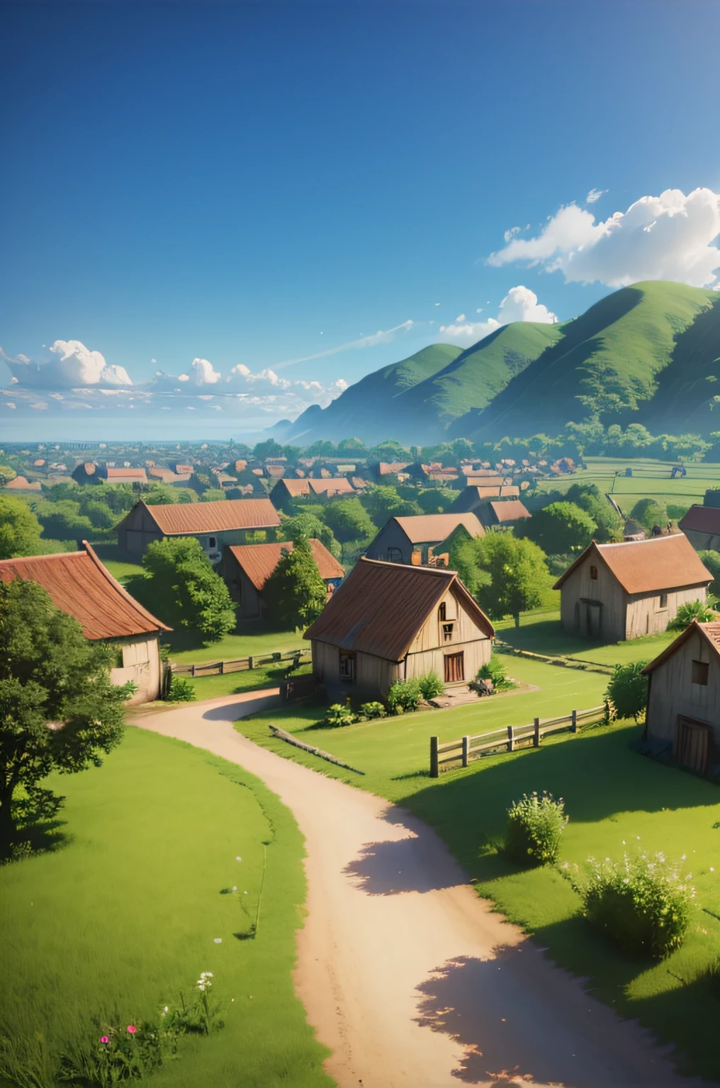 a 3D image with Disney animation of a poor village in the countryside, with colorful paragliders in the sky