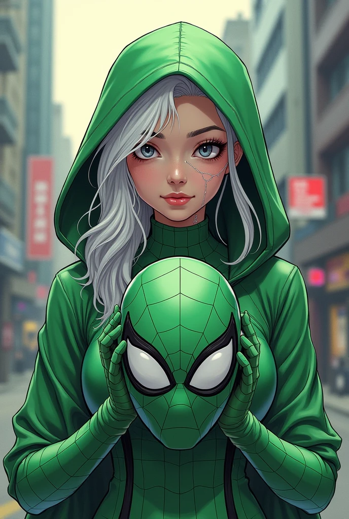 drawn in a spiderverse artstyle, a woman, 20 years old, southeast asian, knee length platinum white thin straight hair (black on the roots), wears light green colored spiderman suit as a top (the suit has a hood), her left eye is, and her right eye is brown, has a big scar across her left eye, tan skin, white eyebrows and white eyelashes, in a stoic expression, holding her spiderman mask