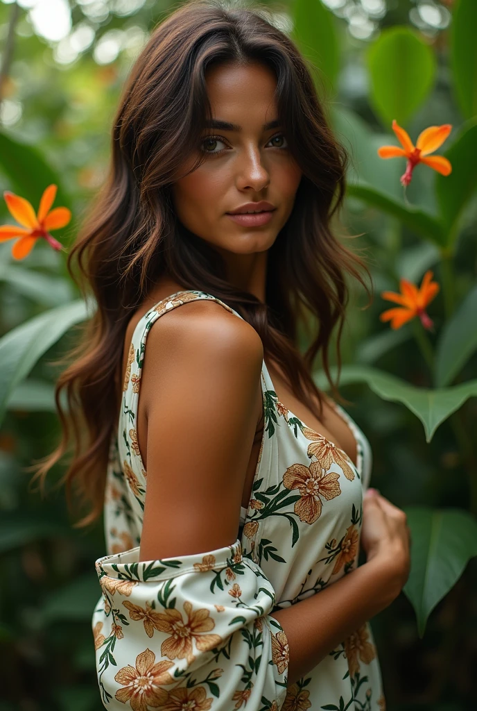 A Brazilian woman in a lush tropical garden, wearing an open shirt with a floral print, with a close-up capturing the harmonious beauty between her breasts and the natural flowers, showing off your natural charm and outgoing personality.
