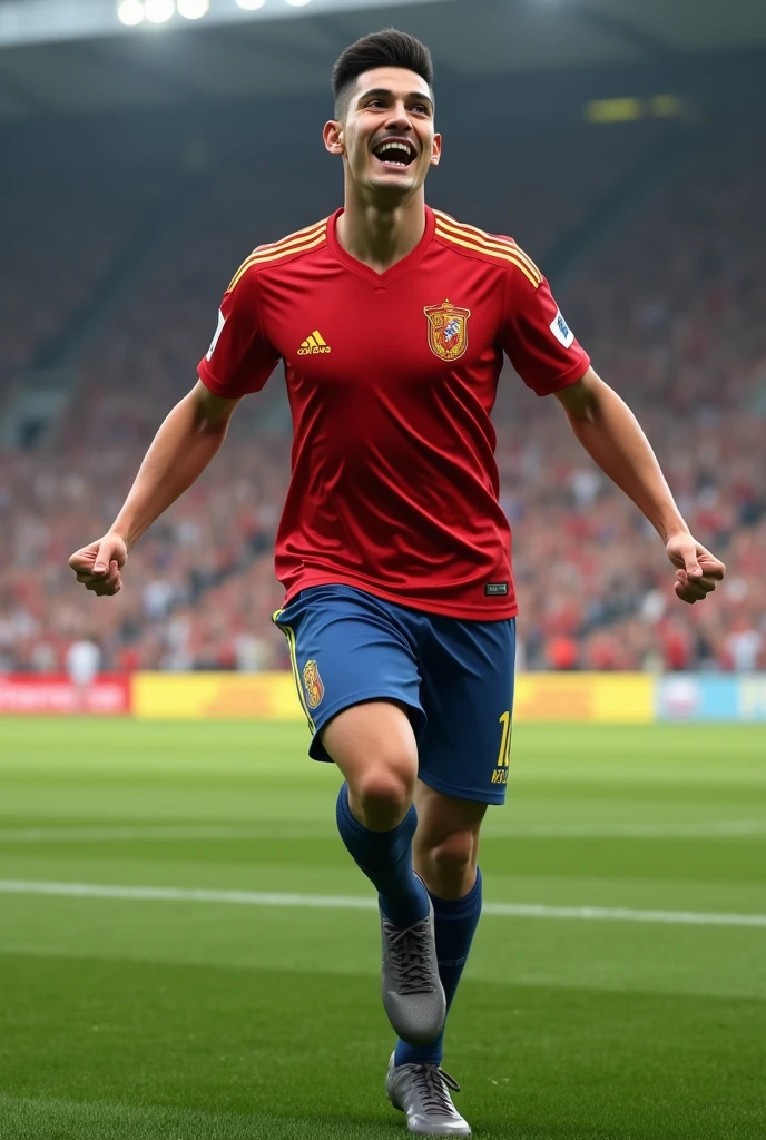 Joueur de foot espagnol de 17ans et de 1m86
Visage : normal
Carnation : métisse
Yeux : marrons
Sourcils : peu epais
Nez : petit
Bouche : normale
Pommettes et mâchoire : carrés
Menton : normal
Oreilles : normal
Cheveux : mid taper noir
Pilosité : légère moustache
Qui celebre un but