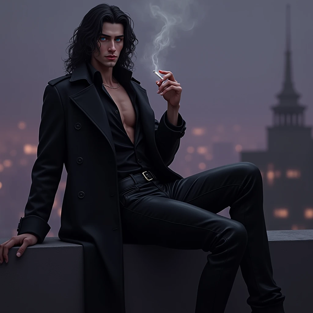A sexy male with teal blue eyes and long black hair, with a nice and delicate facial features, he is wearing a black trench coat and shiny black leather jeans. His skin is pale and white, and he's smoking a cigarette while leaning back on the edge of the rooftop. He is looking unhappy. (Male) (Black and purple) (Make it realistic) ((no facial hair)) ((no body hair)) ((gloomy atmosphere)) (smoky atmosphere)) ((masterpiece)) (gloomy) ((detailed)) ((not looking at the camera))