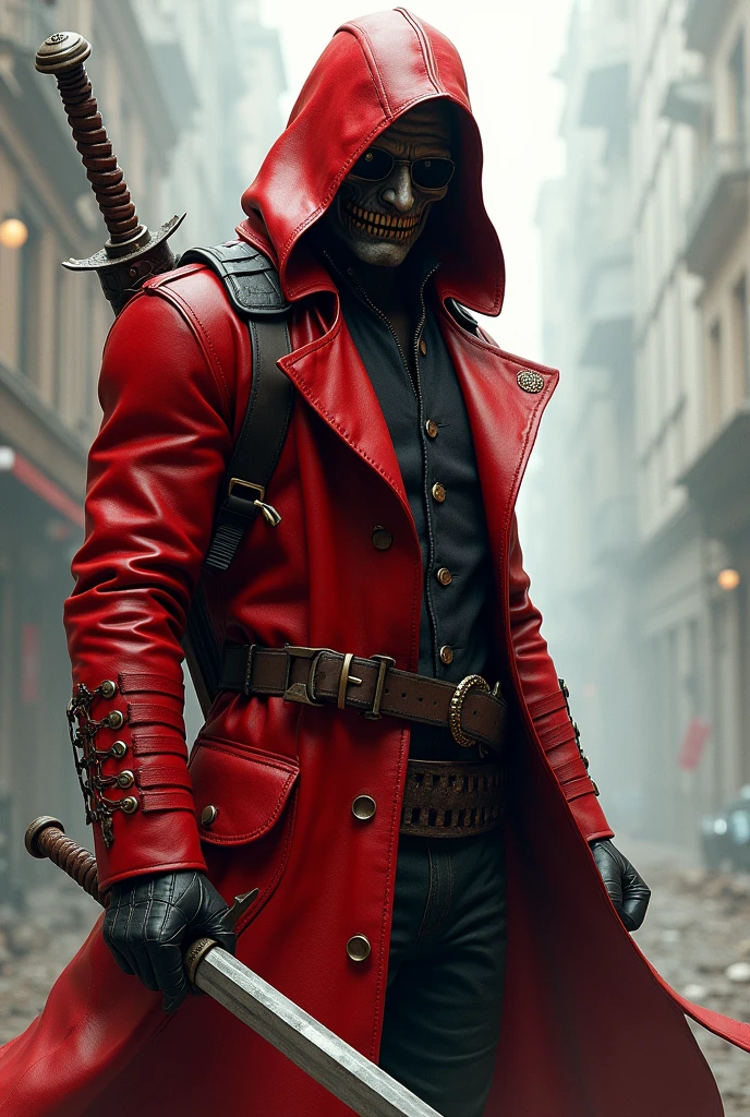 (photorealism:1.2) Create an antihero, that he carries a big sword on his back, that he goes with a red leather trench coat and that it waves in the wind. The antihero's face has to be wearing a mask that shows some terror. stomach 1,86 cm and has a marked physique.