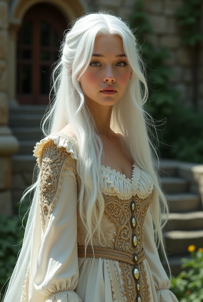 Young woman wearing medieval clothes with white hair