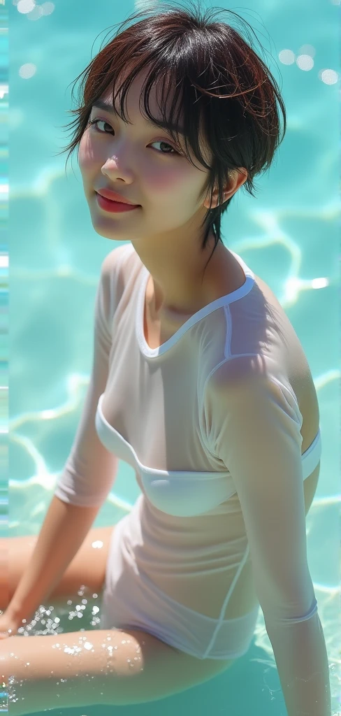 Top Quality, Ultra High Definition, (Realistic), 18 year old girl, Short hair, All Back Hairstyle, Lying down, Pool, ((wearing a wet white T-shirt)), Wet, Hyper Detail, Ultra Realistic, (Photorealistic), Detail Beautiful Skin, (Masterpiece: 1.0), (Best Quality), (Ultra High Definition), 8k Resolution, Canon EOS R5, 135mm, Absurd, Super detail, sharp focus, detailed skin texture
 , (random view)