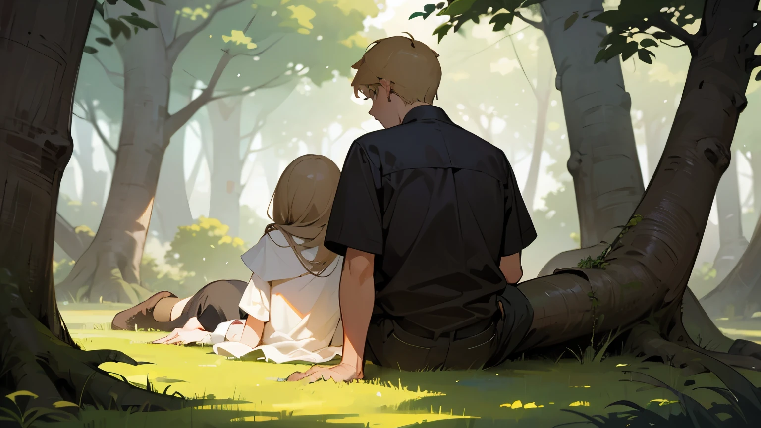 a couple sitting on a tree trunk in the forest, blonde girl, brown haired boy, girl is laying on boys shoulder, view from behind