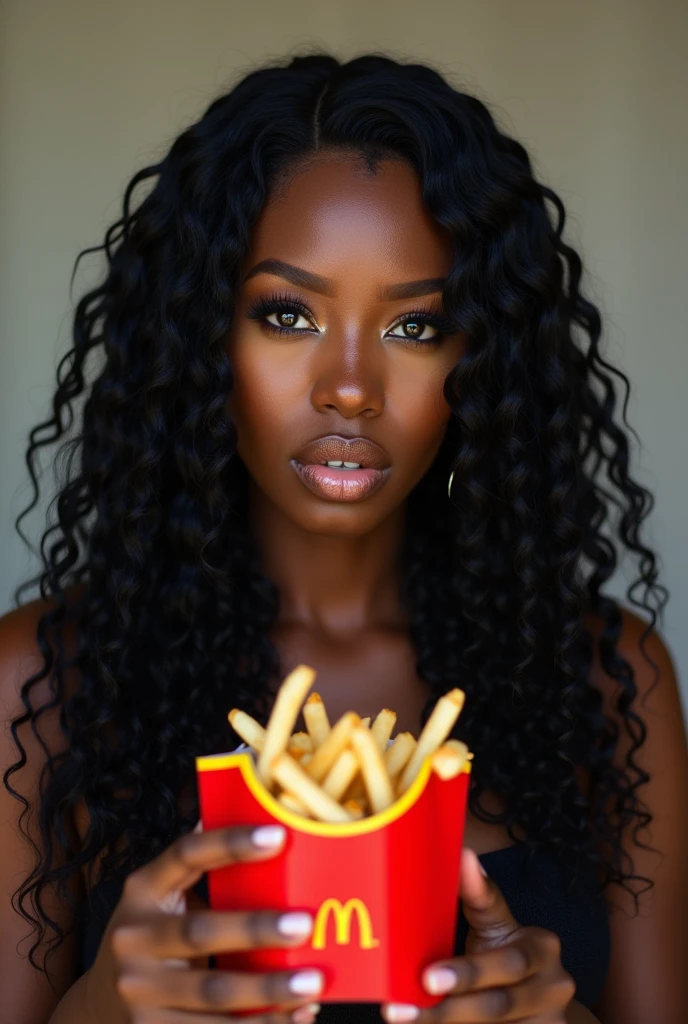 there is a black woman , the woman has curly black curly, she has brown skin, with dark brownish skin, with long curly, long black wet bouncy curls she is eating McDonald’s