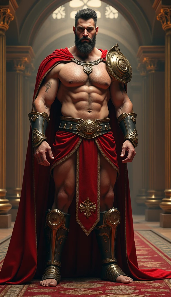 realist, (masterpiece), (photorealist:1.3), ultra detailed, (high detailed:1.2), (Best Quality:1.0), manly, muscular, Tall Man, chest hair, A man in royal costume, 35 years, covered in a small insulting armor, elegant, full body character sheet, big bulge in crotch, MUSCLE BODY, full body view, inside a castle, loincloth made of very fine thread, Haircut, Shadow of six'clock.