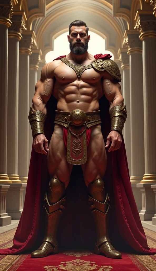 realist, (masterpiece), (photorealist:1.3), ultra detailed, (high detailed:1.2), (Best Quality:1.0), manly, muscular, Tall Man, chest hair, A man in royal costume, 35 years, covered in a small insulting armor, elegant, full body character sheet, big bulge in crotch, MUSCLE BODY, full body view, inside a castle, loincloth made of very fine thread, Haircut, Shadow of six'clock.