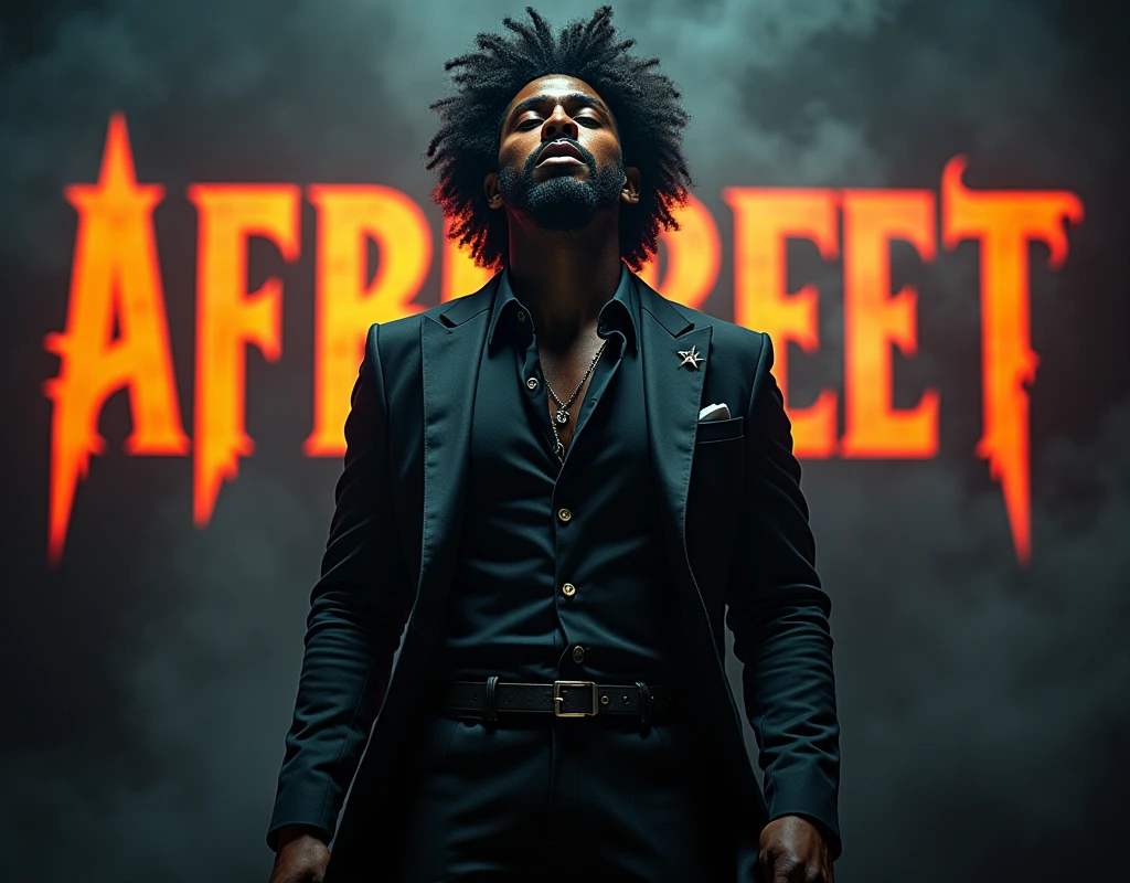 Afro male in a Gothic outfit singing with the word Afrobeat boldly written on the Background