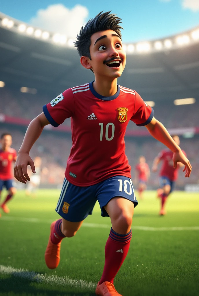 Joueur de foot espagnol de 17ans et de 1m86
Visage : normal
Carnation : métisse
Yeux : marrons
Sourcils : peu epais
Nez : petit
Bouche : normale
Pommettes et mâchoire : carrés
Menton : normal
Oreilles : normal
Cheveux : mid taper noir
Pilosité : légère moustache
Qui celebre un but