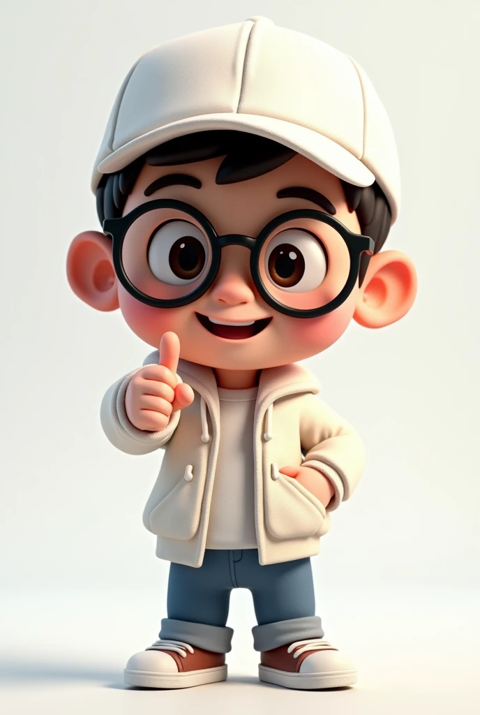 smiling with white cap and glasses and jacket pointing to the camera 3d chibi