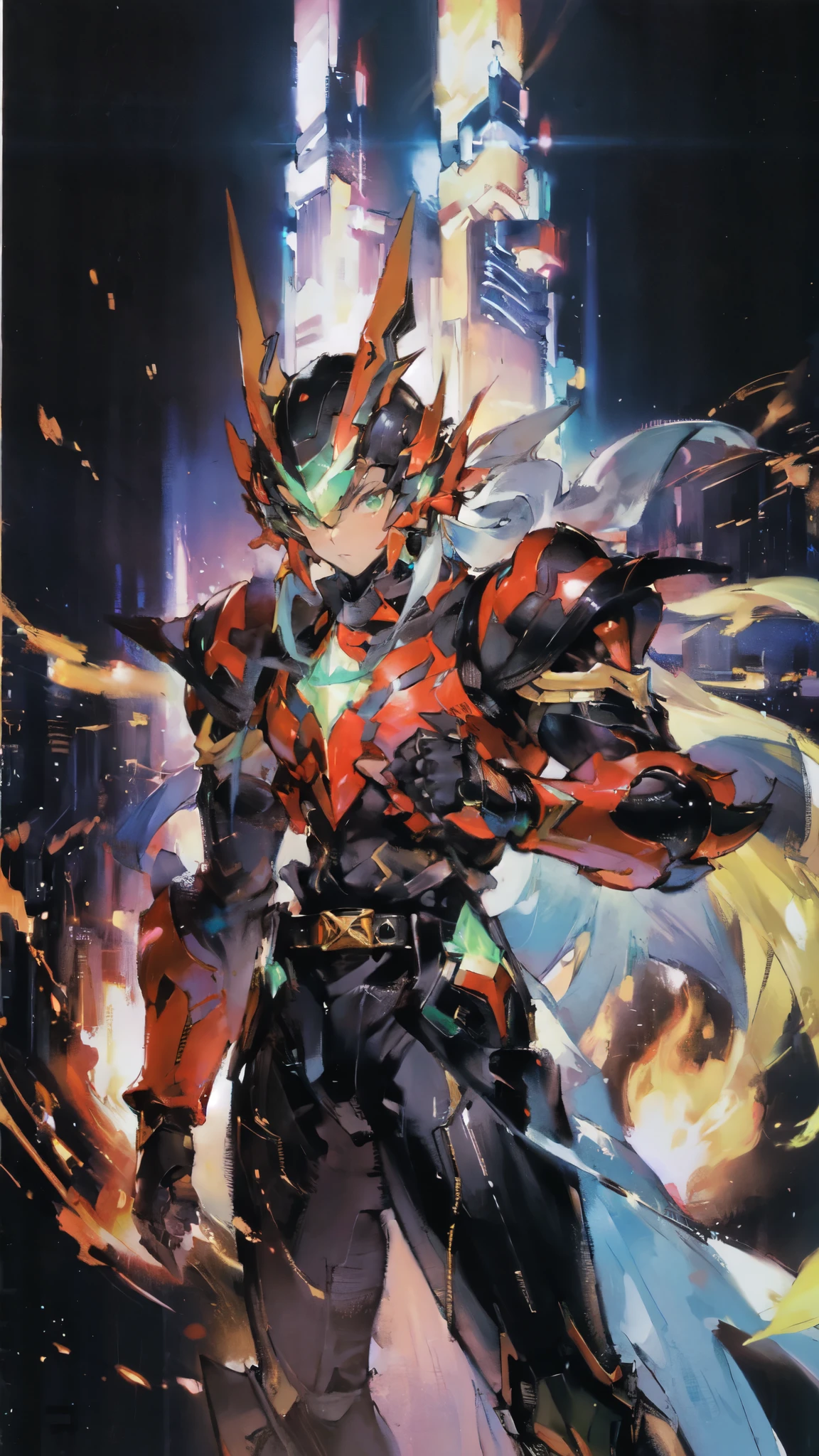 (masterpiece:1.5, best quality:1.5, extremely delicate:1.5, superhero pose:1.5), a man wearing a full-face helmet, a fantasy-style biotech armored combat suit, green eyes, (a composite layered chest armor), fully enclosed shoulder guards, matching arm and leg guards, belt of Neon circuit, (the color scheme is primarily black with green and red accents), the design balances heavy with agility, a high-tech bio-mecha armor, (Armor Concept Inspired by Paladin, stand on the top of a skyscraper in a futuristic sci-fi city), this character embodies a finely crafted fantasy-surreal style armored hero in anime style, exquisite and mature manga art style, (element, plasma, energy, the armor glows), ((male:1.5)), metallic, high definition, highres, ultra-detailed, ultra-fine painting, professional, perfect body proportions, golden ratio, anatomically correct, symmetrical face, extremely detailed eyes and face, high quality eyes, creativity, RAW photo, UHD, 32k, Natural light, cinematic lighting, masterpiece-anatomy-perfect
