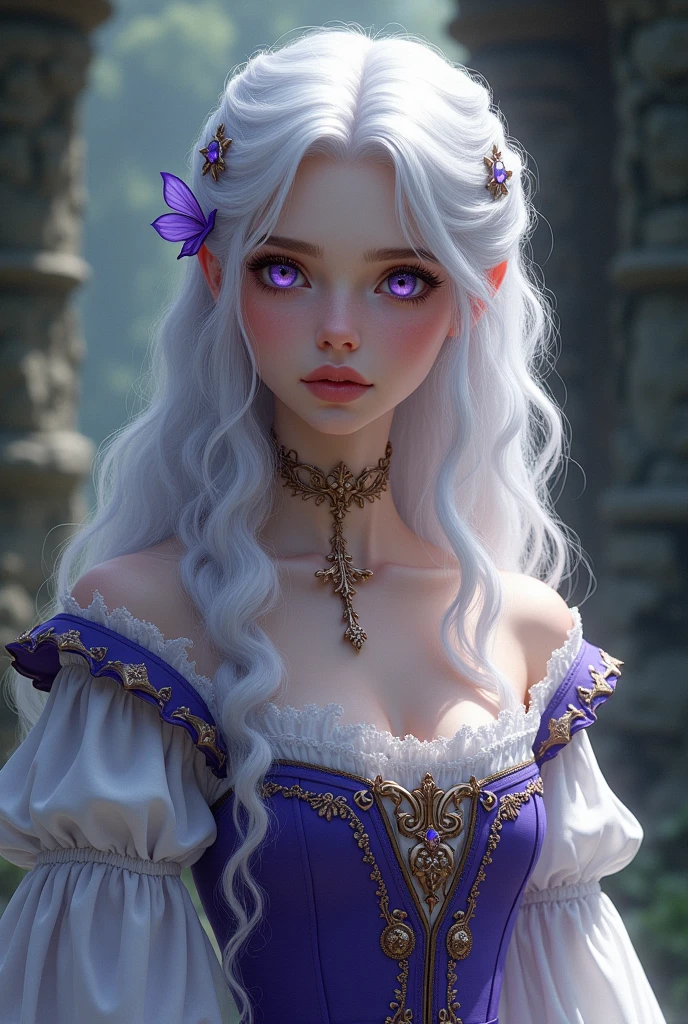 Young woman wearing medieval clothes with white hair and purple eyes