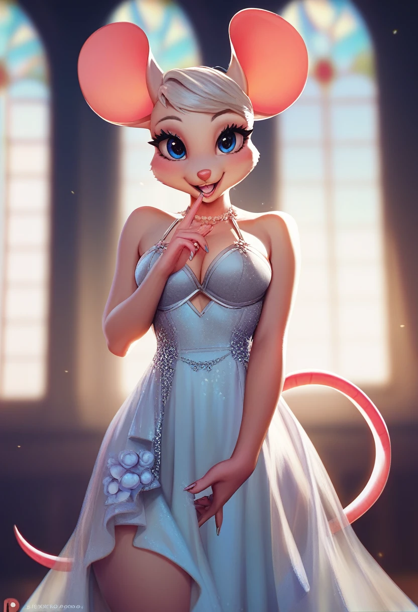 ((cute white mouse goddess)), ((anthro anime style)), long pink tail, curvy, sexy pose, cheerful expression, sleek dress, 1girl, detailed face, highly detailed, 8k, masterpiece, dynamic lighting, cinematic composition, cinematic lighting, elegant, whimsical, dreamlike, fantastical, magical 
