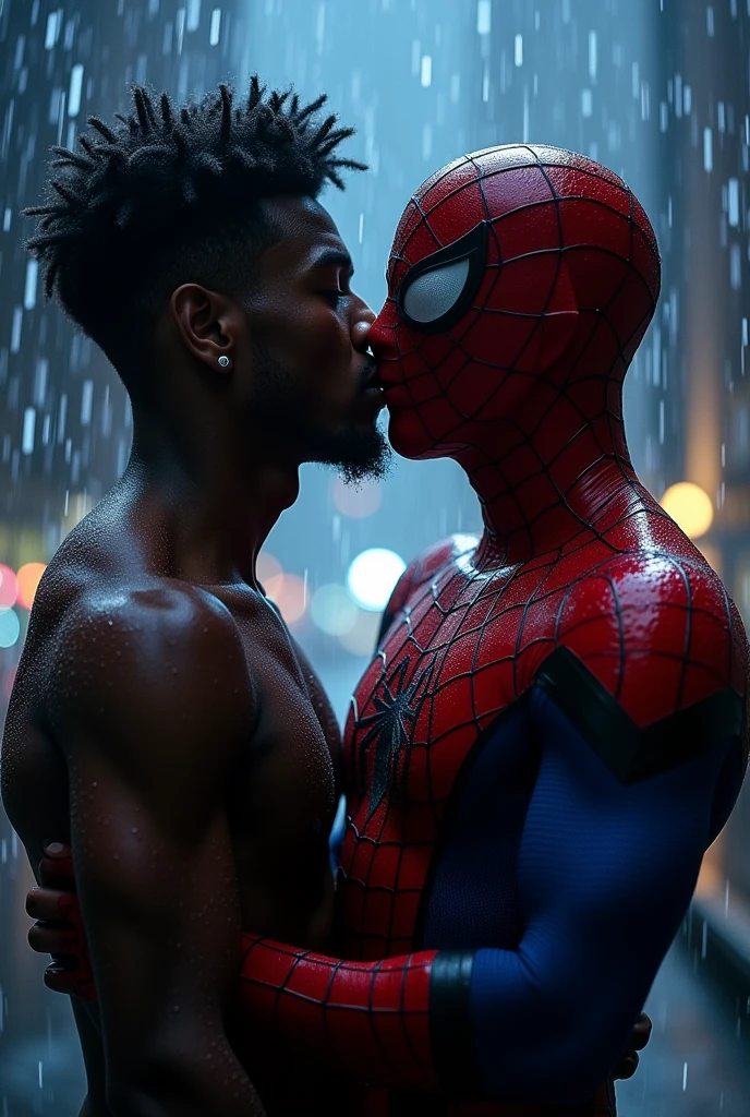 A gay Spider man upside down at night kissing a black 18yo guy in the rain. We can only see better their mouths