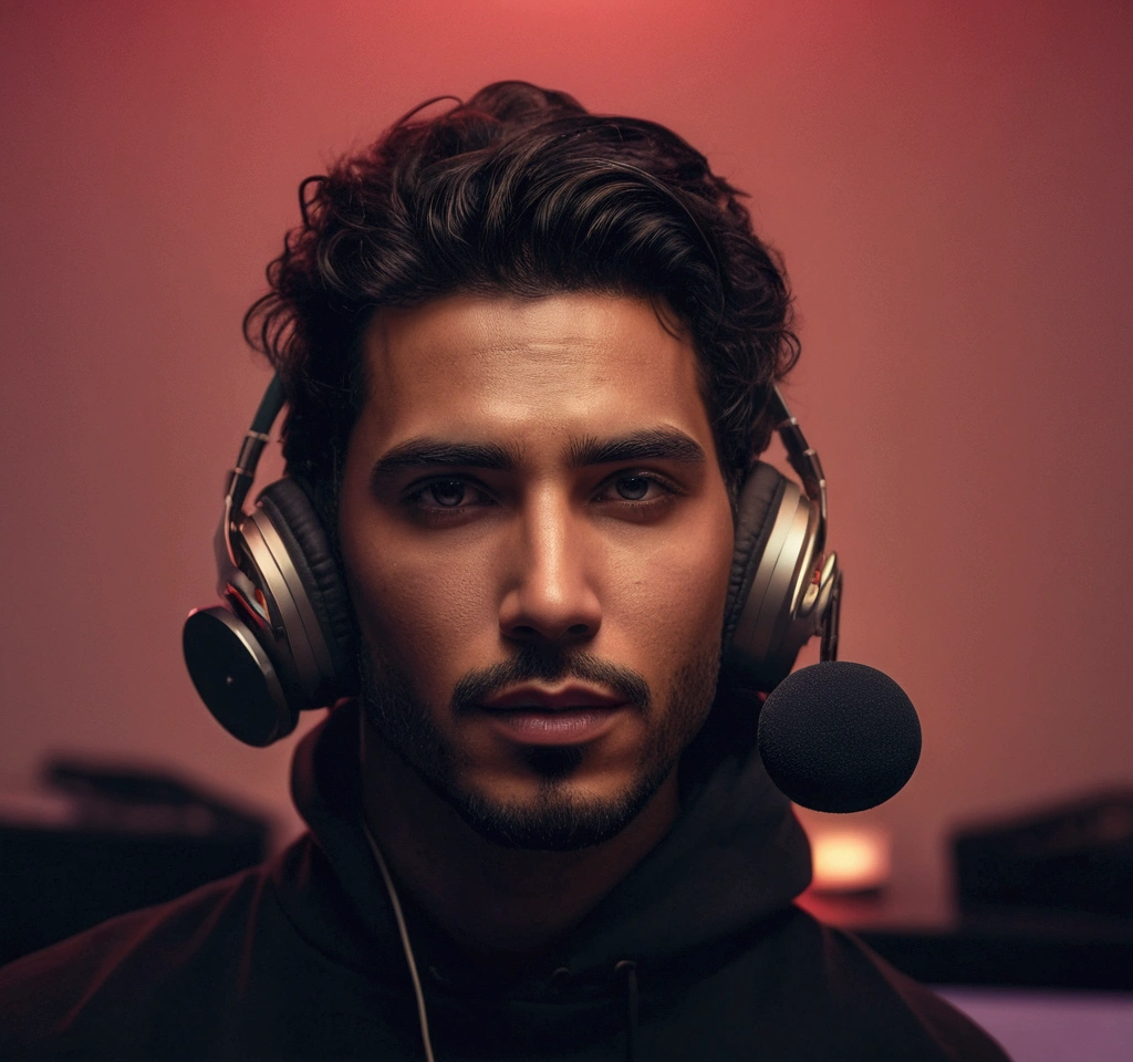 a man sitting with headphones and professional microphone,highly detailed face, hyper realistic, cinematic lighting, digital art, photorealistic, 8k, award winning, sharp focus, studio lighting, professional photography, cinematic, dramatic lighting, beautiful detailed eyes, beautiful detailed lips, extremely detailed eyes and face, long eyelashes, flawless skin, intricate details, stunning, lifelike, masterpiece, ultra-detailed, realistic, photo-realistic, HDR, UHD, vivid colors, cinematic color grading, dramatic shadows, volumetric lighting